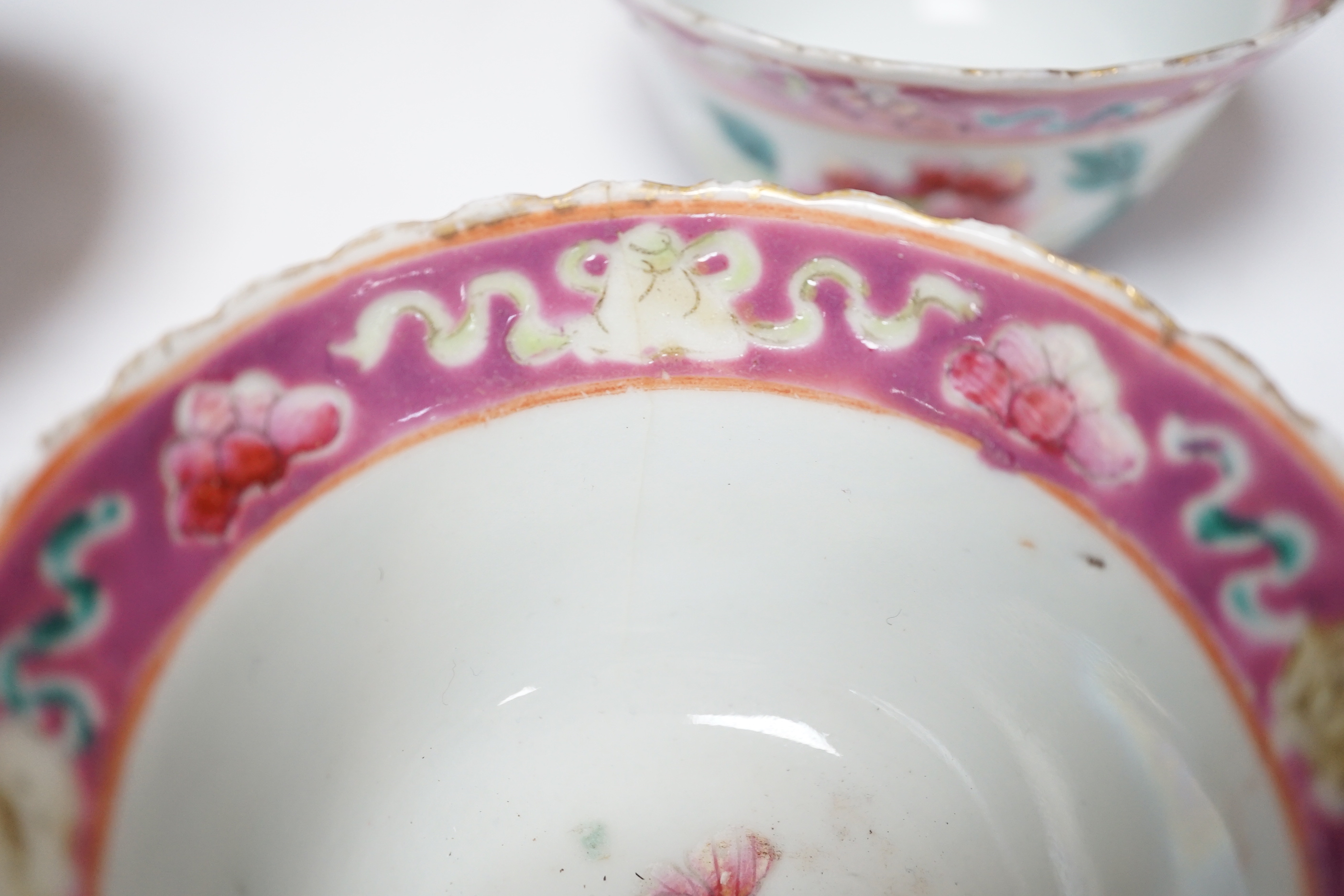 A Chinese Straits enamelled porcelain teapot and cover and seven similar tea bowls, Guangxu period and a pillow, teapot 18cm high including cover